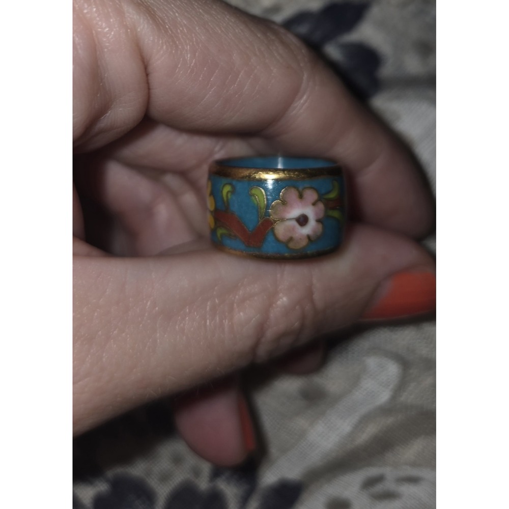 Vintage Cloisanne Turquoise Floral Enamel Band Ring. 5